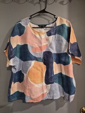 Linen Multi-Colorblock Abstract Print Short Sleeve Top